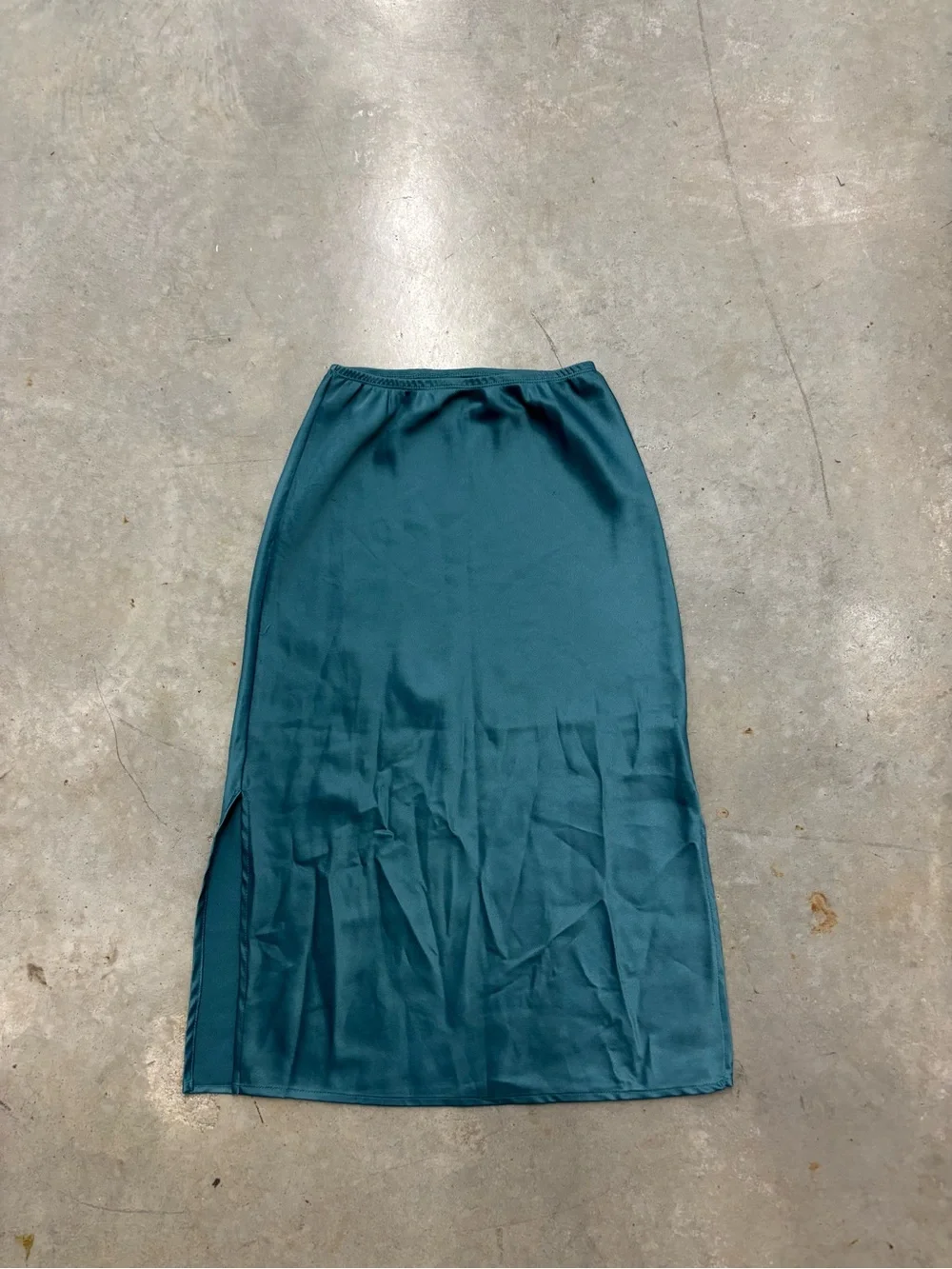 teal satin midi skirt w slit